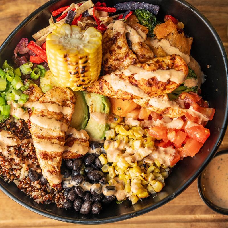 Southwest Chicken Bowl with grilled chicken, corn, black beans and avocado