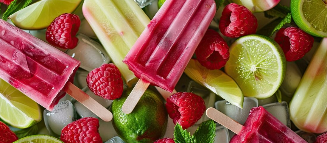 Paletas artesanales con frutas frescas, frambuesas, limón y menta